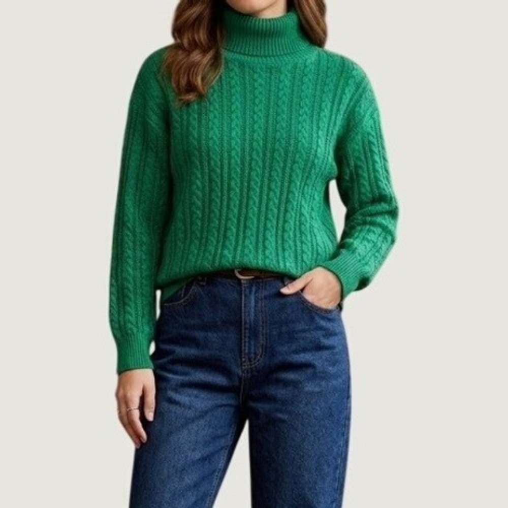 Vintage 90's Womens Green Cable Knit Turtleneck Sweater 100% Cotton Size Small